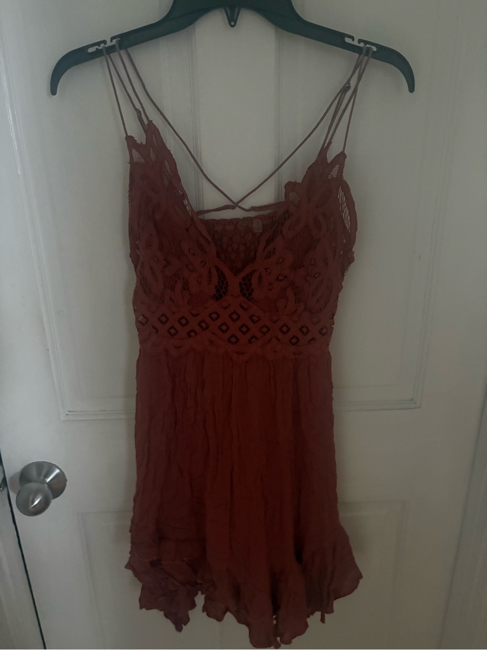 Free People Rust Crochet Spaghetti-Strap Mini Dress